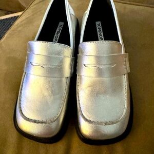 Topshop Silver Slip-On Loafers with Metallic Finish